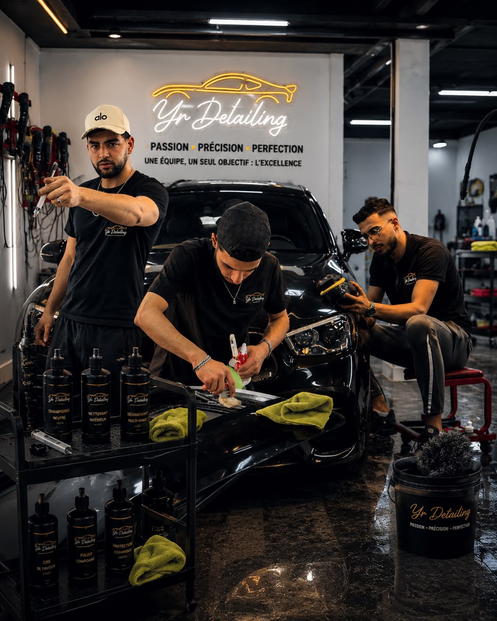 فريق YR DETAILING أثناء تلميع وتنظيف سيارة داخل الورشة